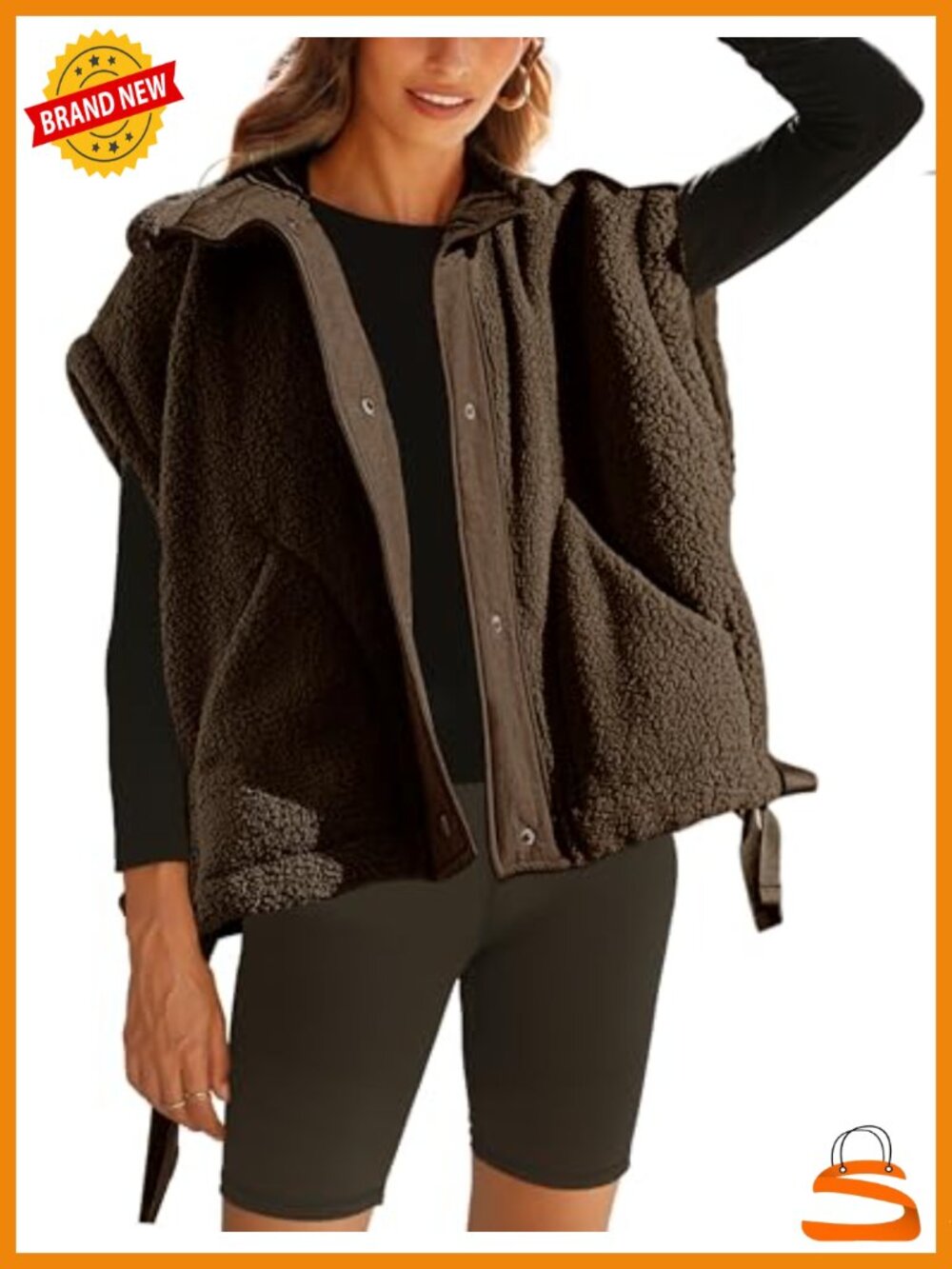 Oversized Sherpa Fleece Vest Sleeveless Button Front Funnel Neck Womens